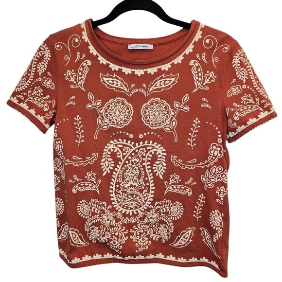 Zara Trafaluc Women's S Paisley Pattern Short Sleeve Crewneck Top Rust Cream - Picture 1 of 15